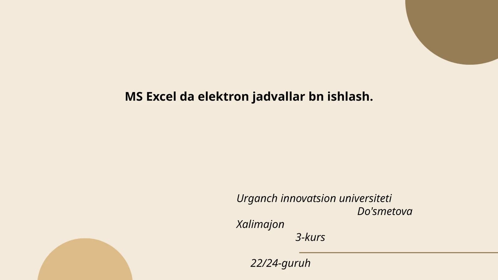 MS Excel da elektron jadvallar bn ishlash