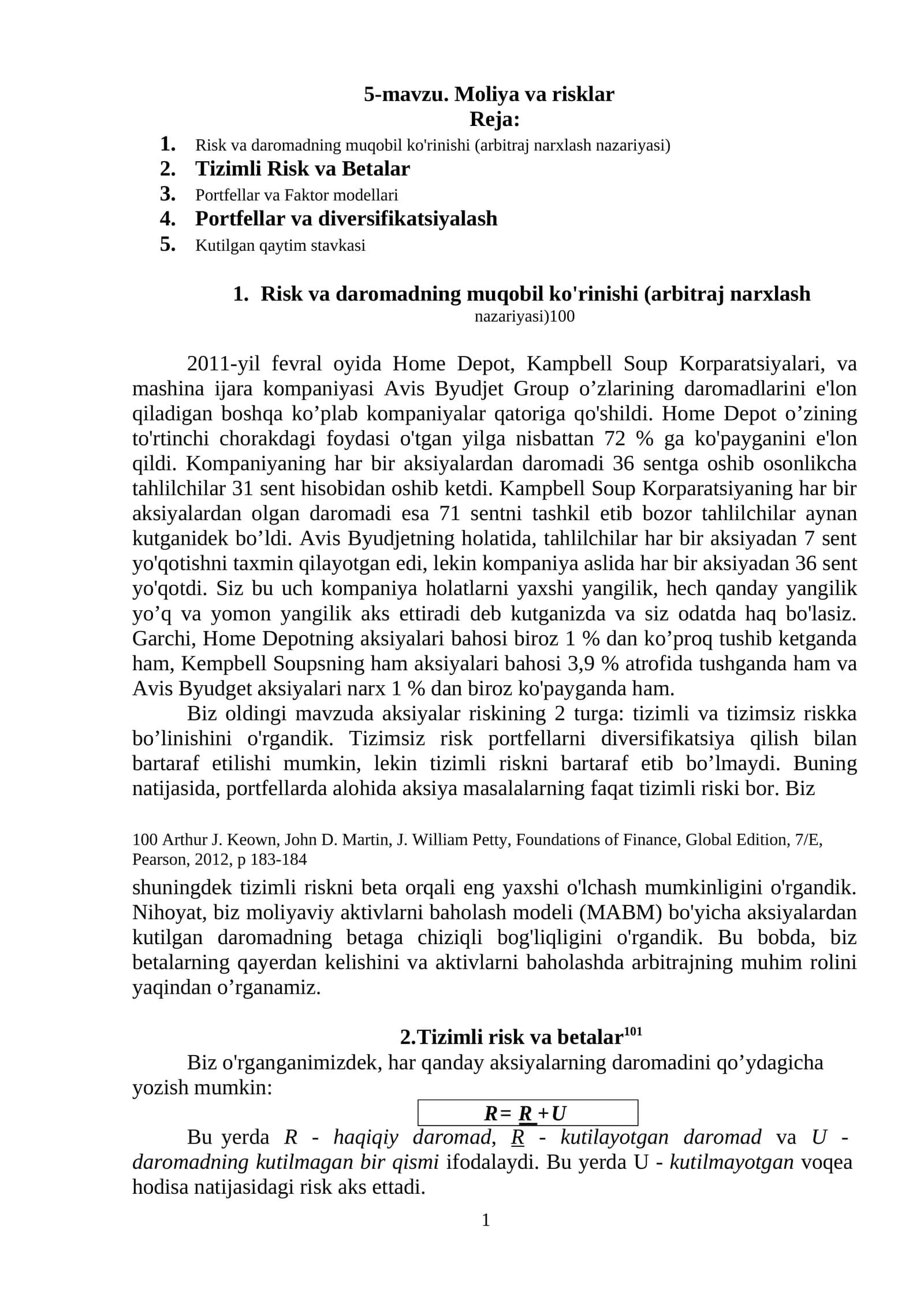 5-mavzu. Moliya va risklar