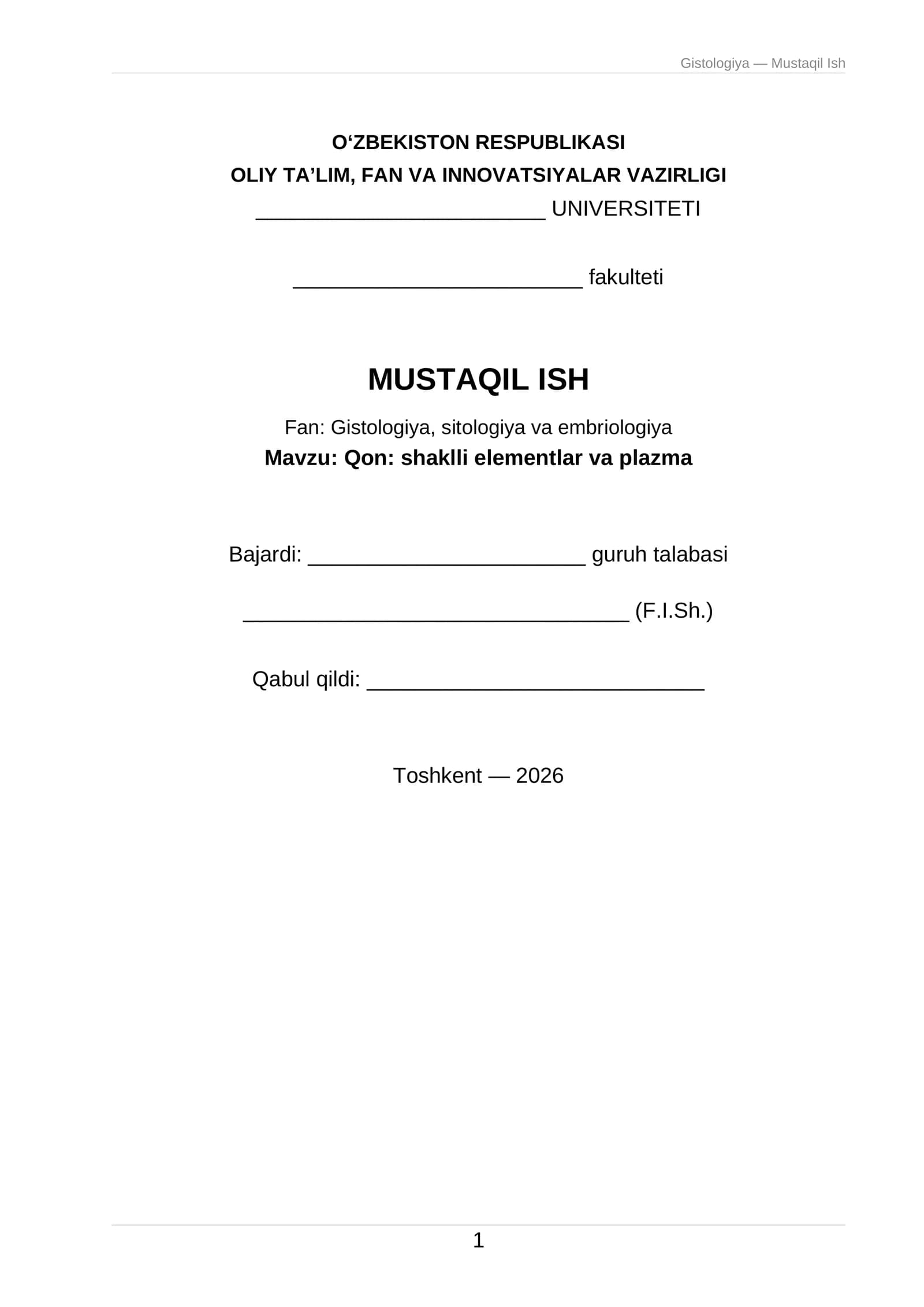 Gistologiya — Mustaqil Ish