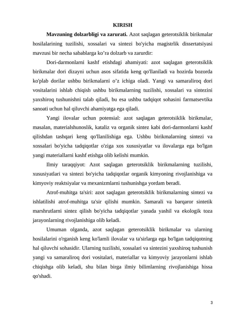 Azot saqlagan geterotsiklik birikmalar hosilalarining tuzilishi, xossalari va sintezi bo'yicha magistrlik dissertatsiyasi