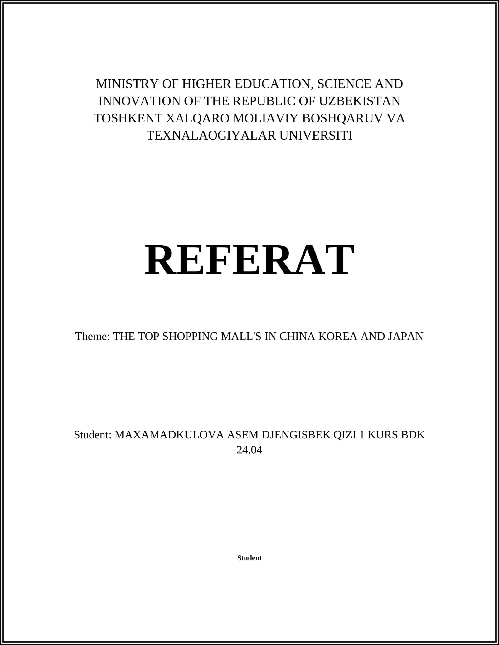 Referat: THE TOP SHOPPING MALL'S IN CHINA KOREA AND JAPAN