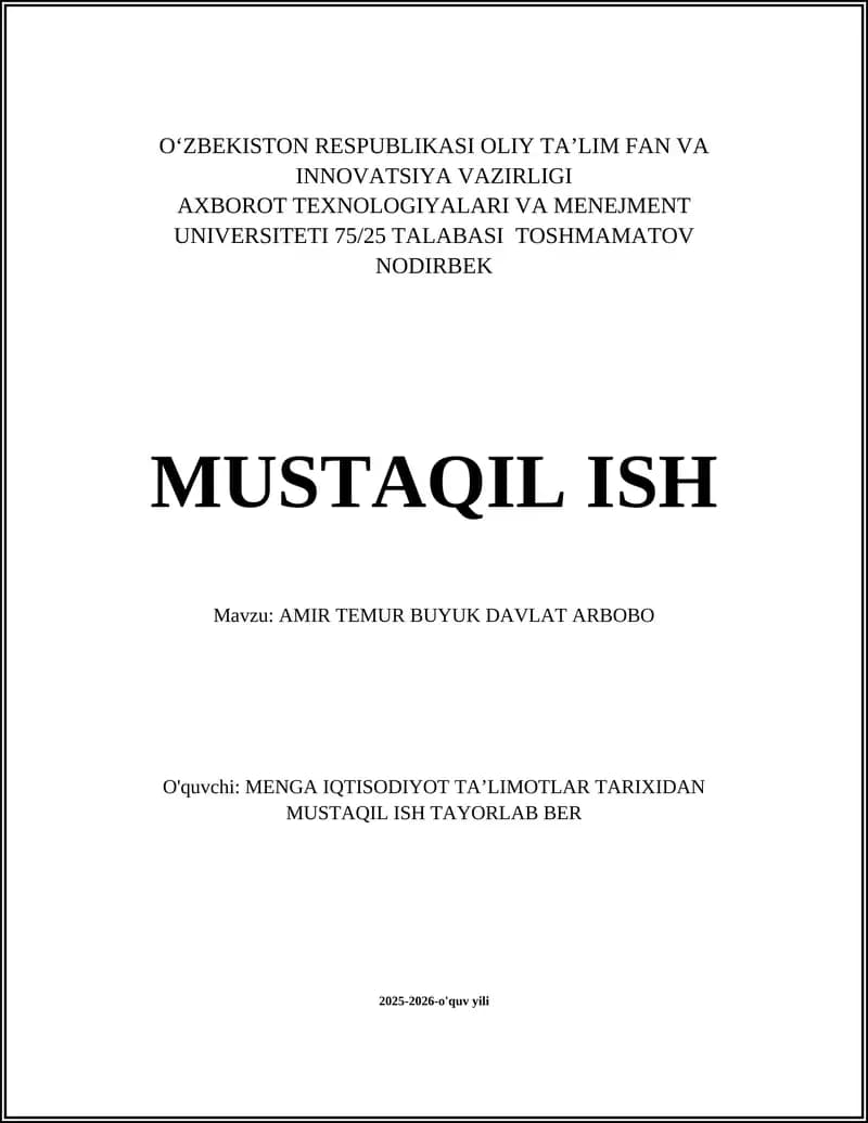AMIR TEMUR BUYUK DAVLAT ARBOBO