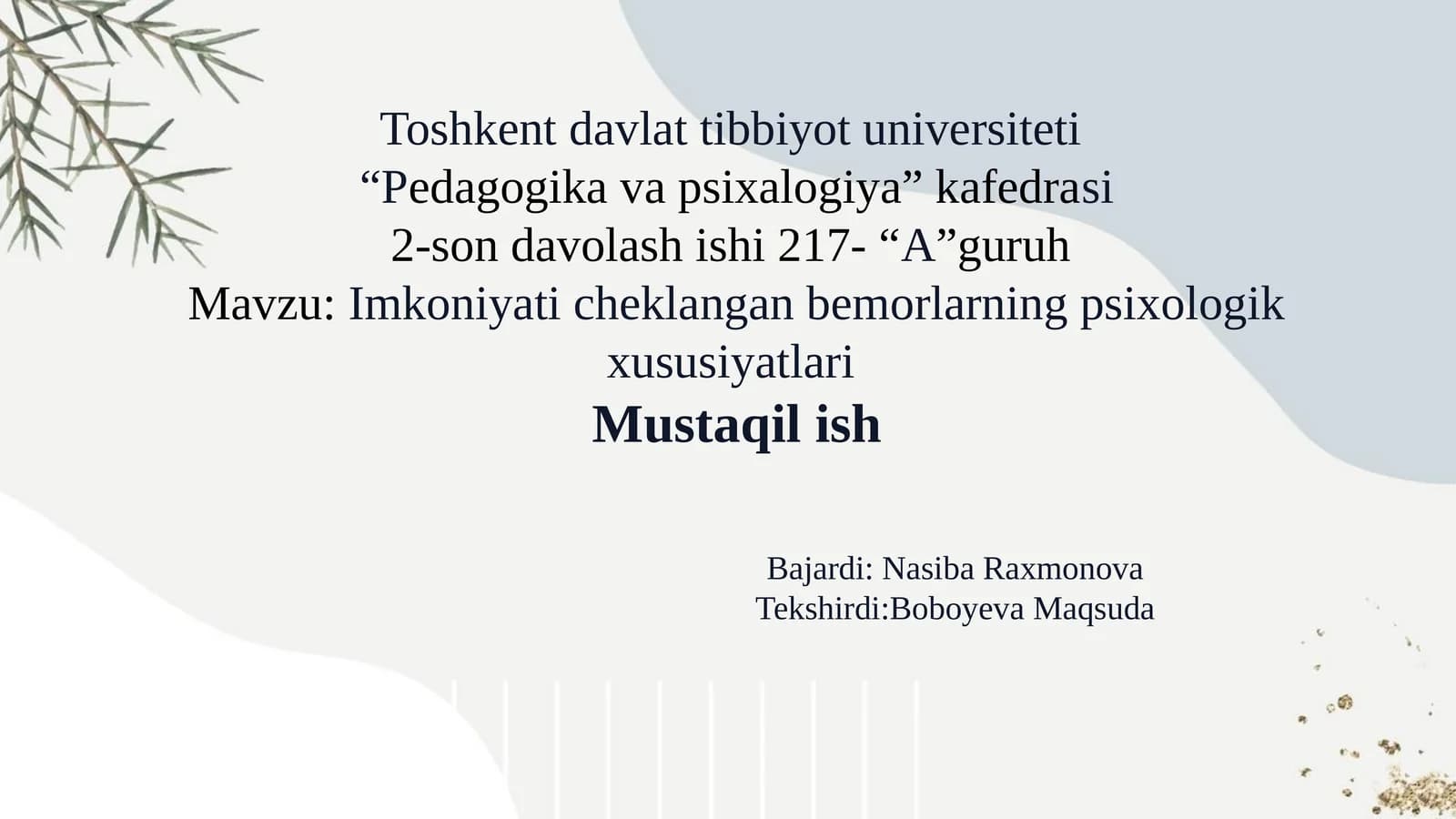 Imkoniyati cheklangan bemorlarning psixologik xususiyatlari