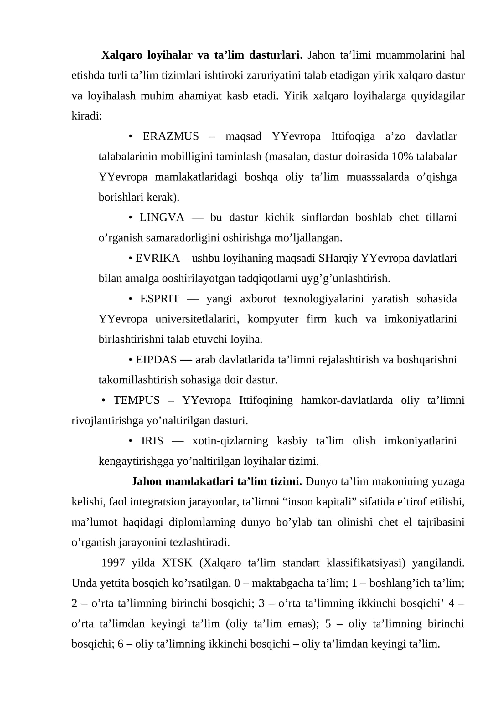 Xalqaro loyihalar va ta'lim dasturlari