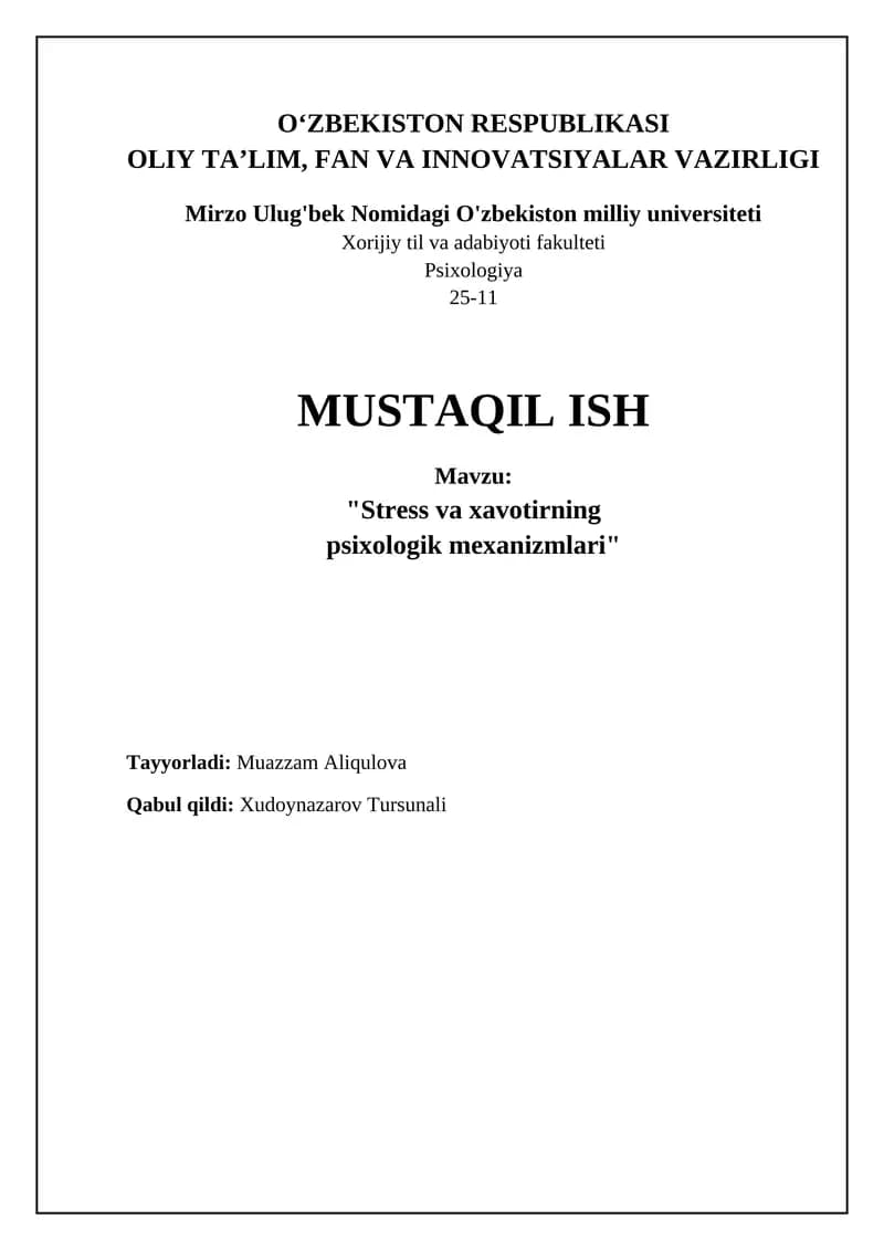 Stress va xavotirning psixologik mexanizmlari