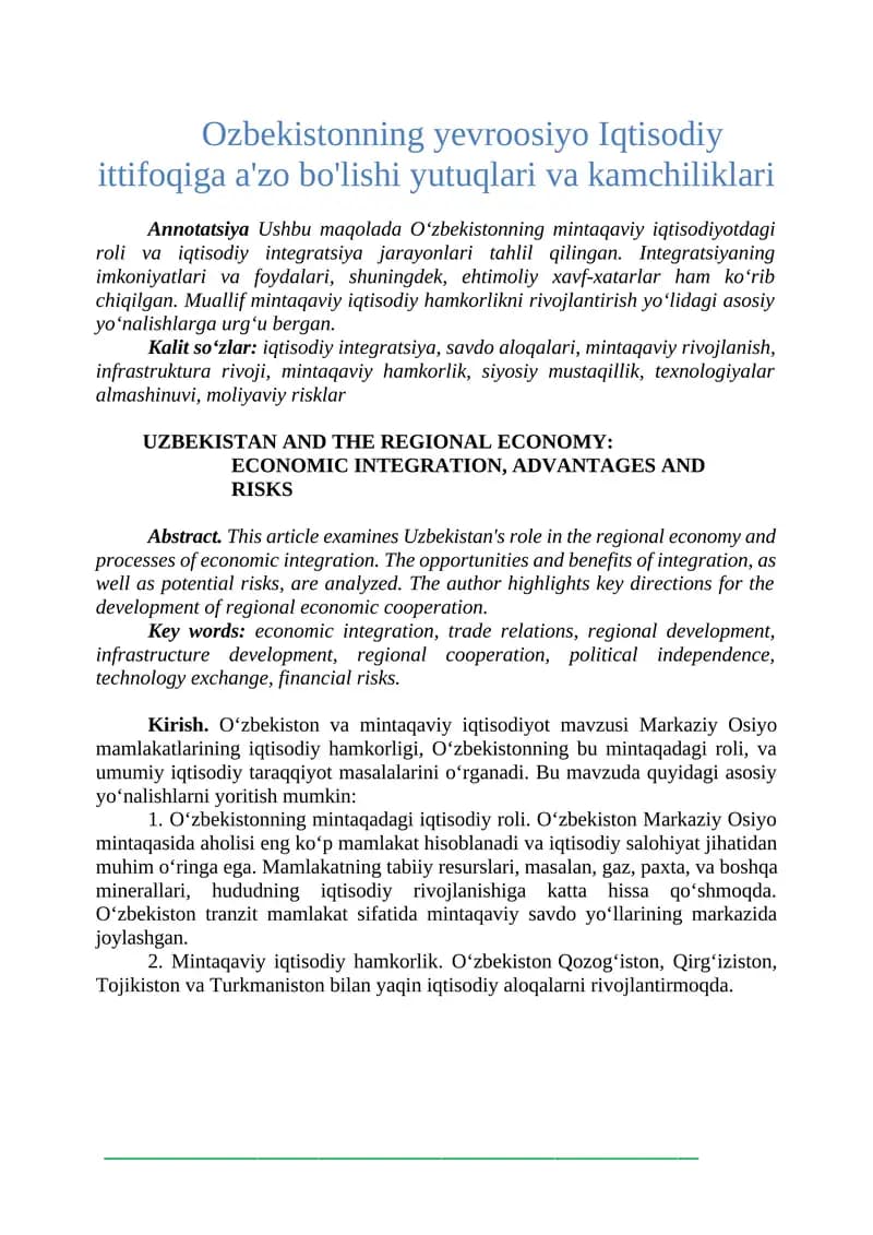 O‘zbekiston va mintaqaviy iqtisodiyot mavzusi