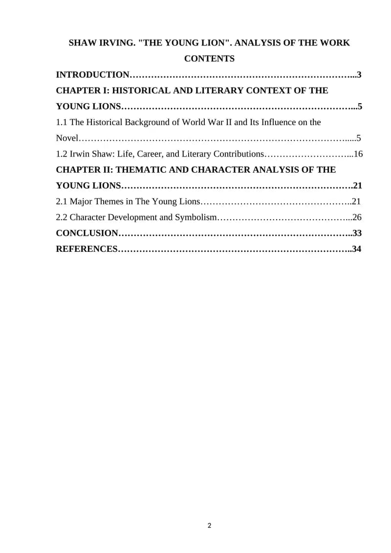 SHAW IRVING. THE YOUNG LION. ANALYSIS OF THE WORK
