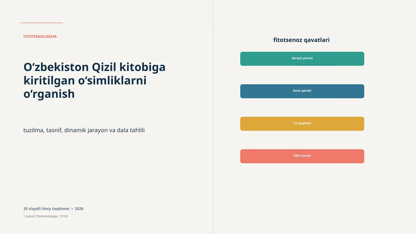 FITOTSENOLOGIYA Study of the plant species introduced into the Red Book of Uzbekistan includes structure, classification, dynamic processes, and field analysis in a 20-slide scientific presentation