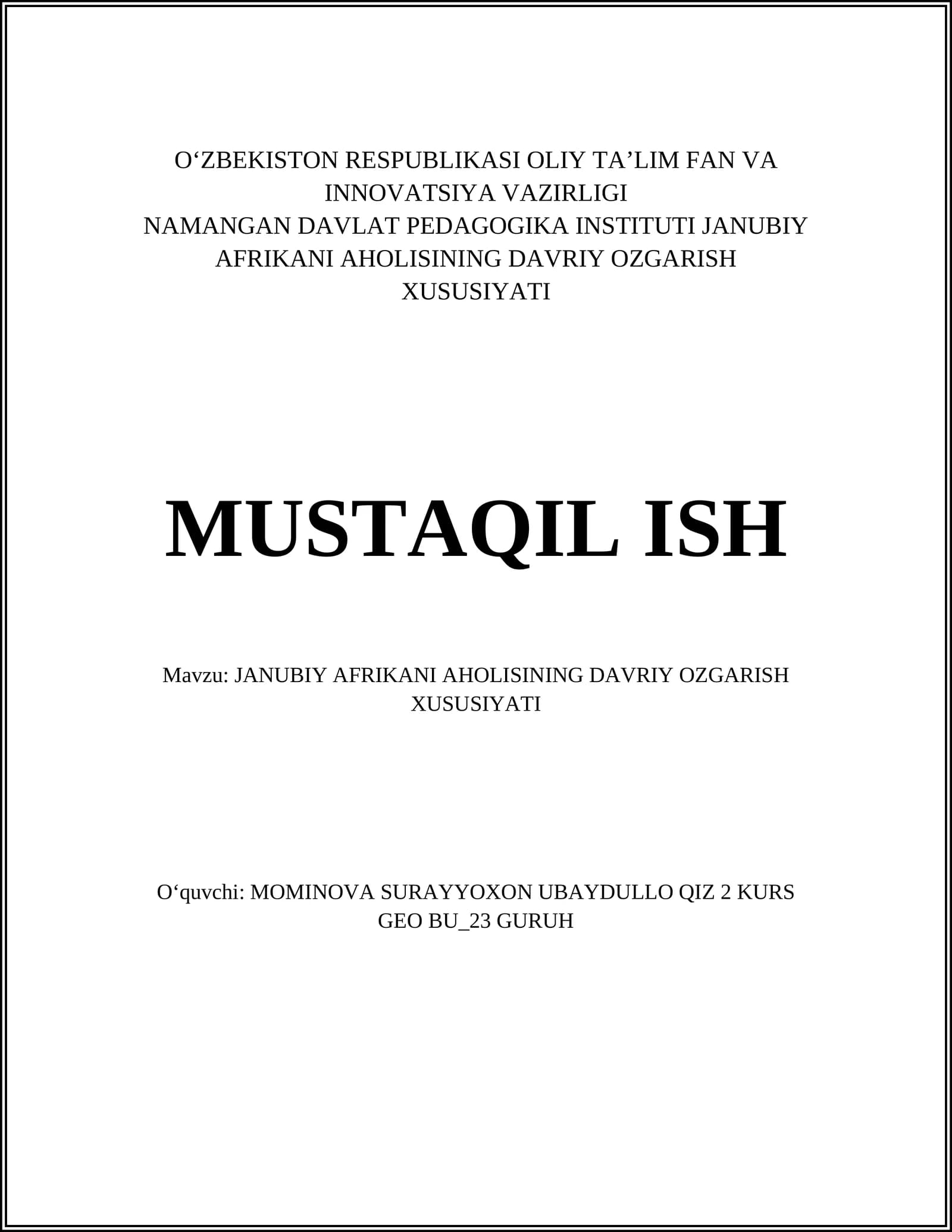 JANUBIY AFRIKANI AHOLISINING DAVRIY OZGARISH XUSUSIYATI