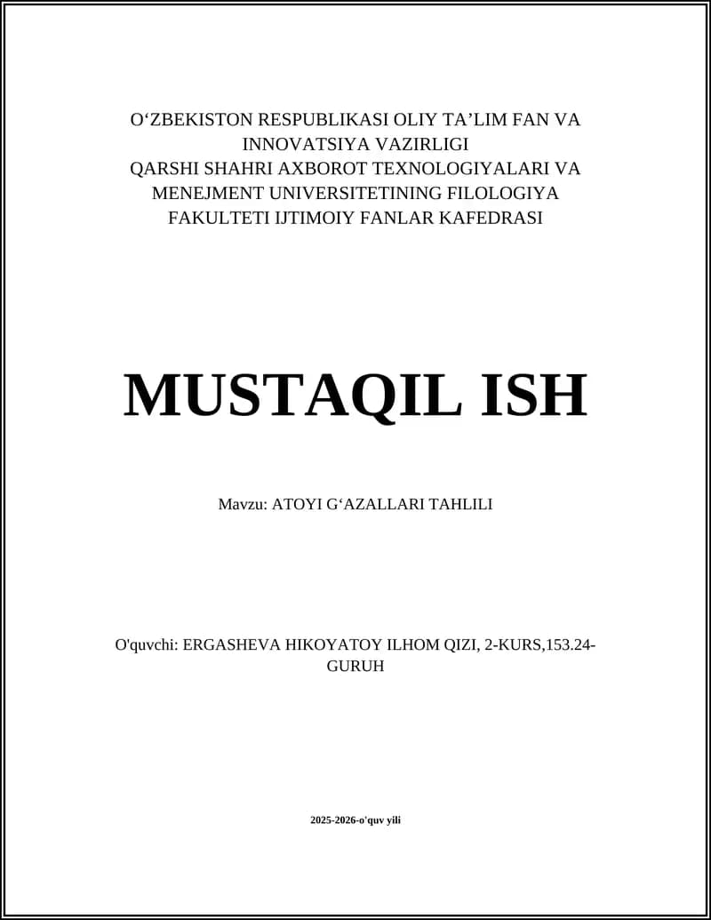 ATOYI GʻAZALLARI TAHLILI