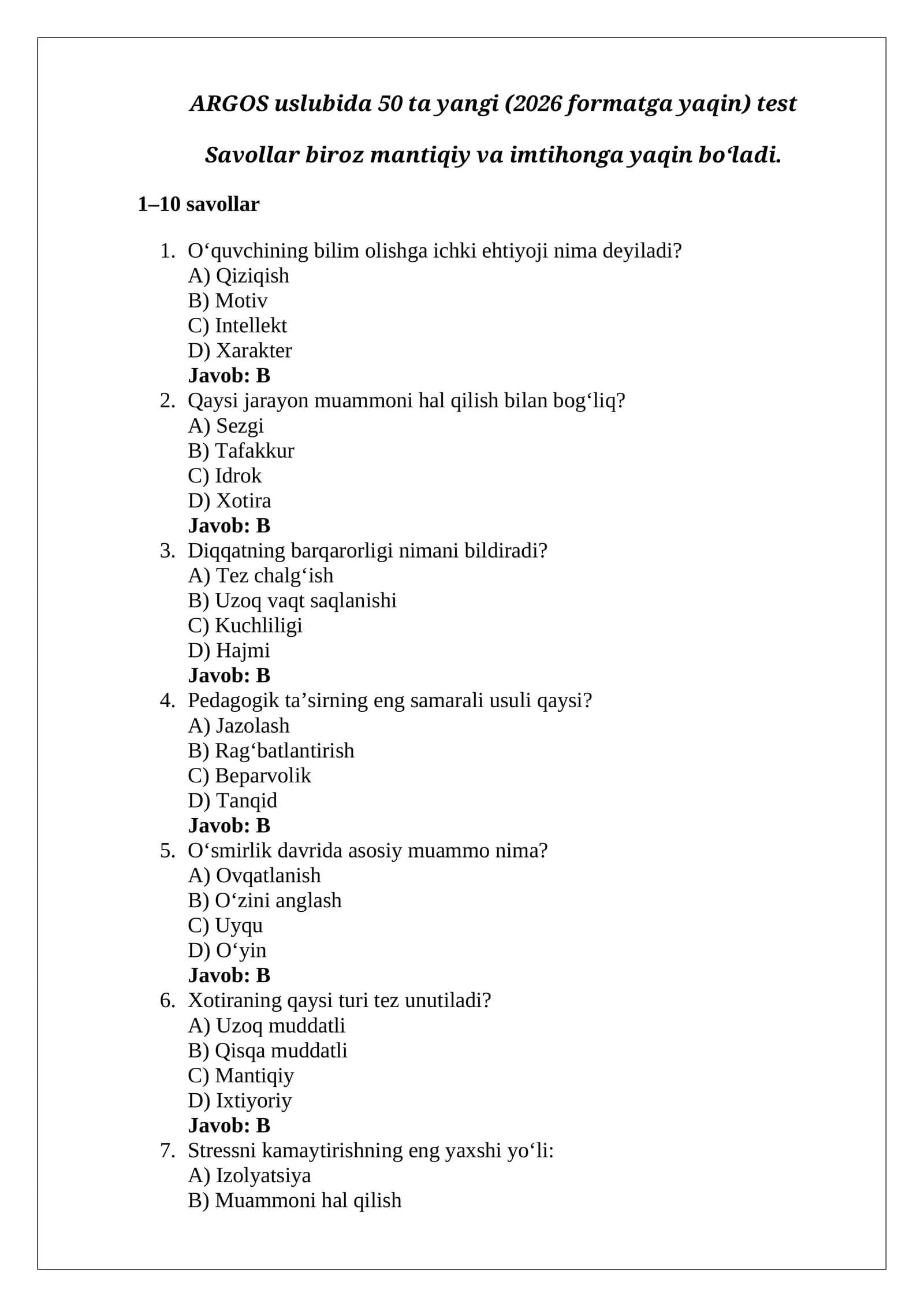 ARGOS uslubida 50 ta yangi (2026 formatga yaqin) test