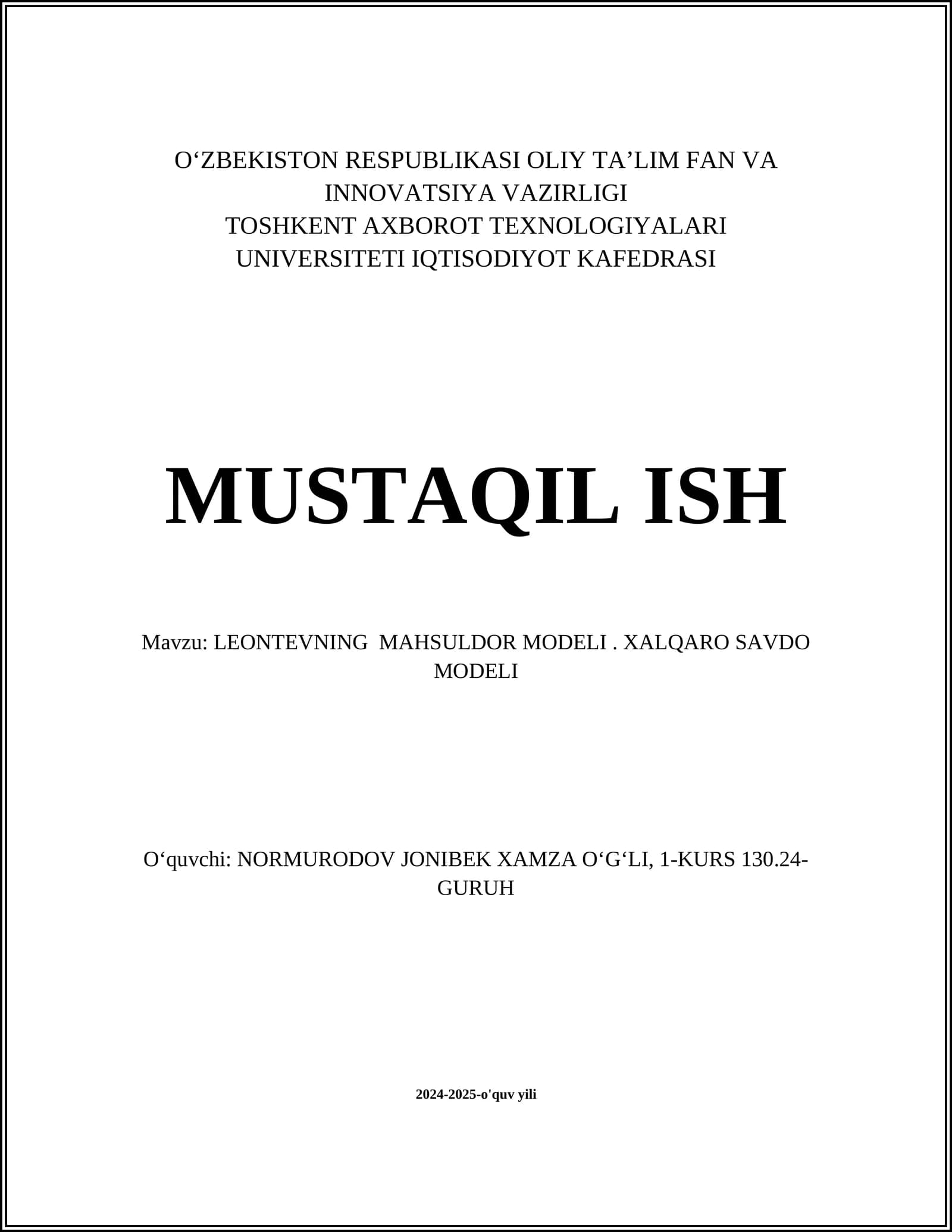 LEONTEVNING MAHSULDOR MODELI. XALQARO SAVDO MODELI