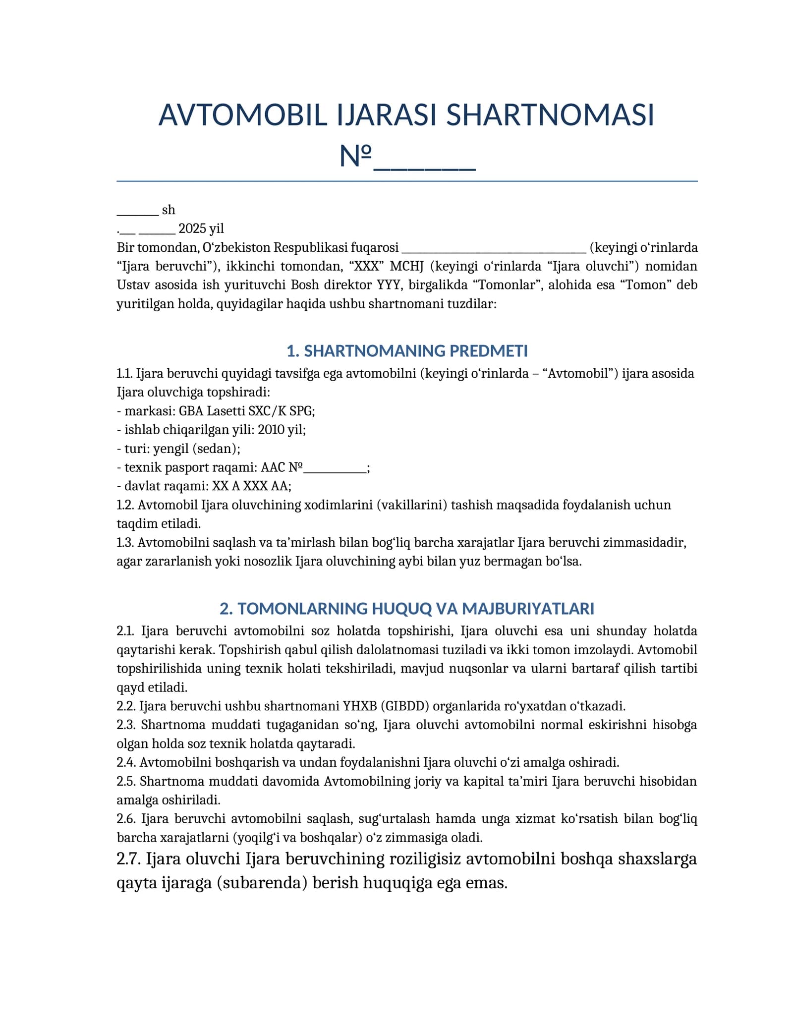 AVTOMOBIL IJARASI SHARTNOMASI