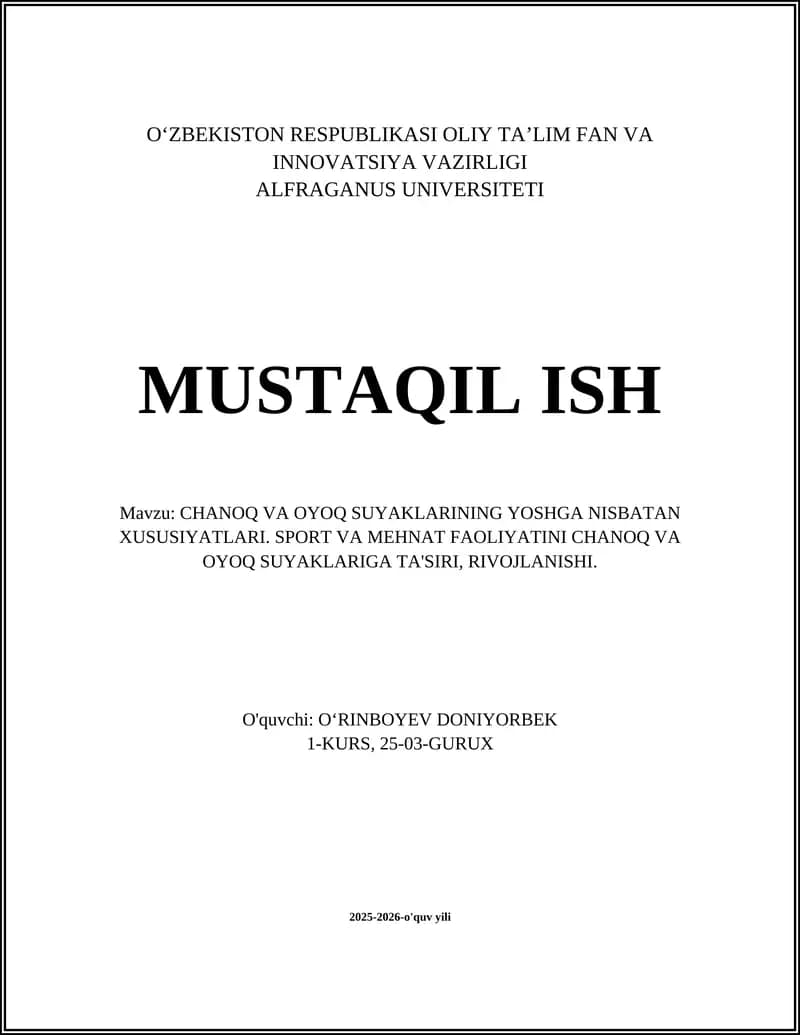 CHANOQ VA OYOQ SUYAKLARINING YOSHGA NISBATAN XUSUSIYATLARI
