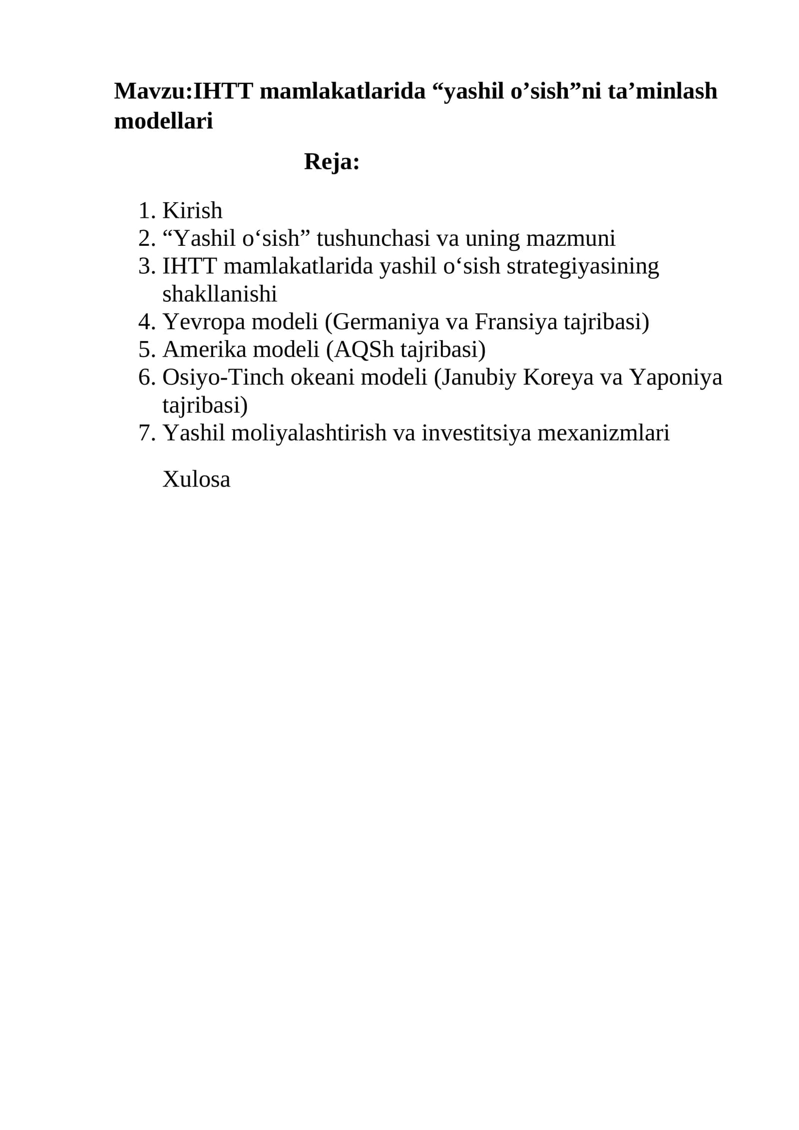 IHTT mamlakatlarida yashil o'sishni taminlash modellari