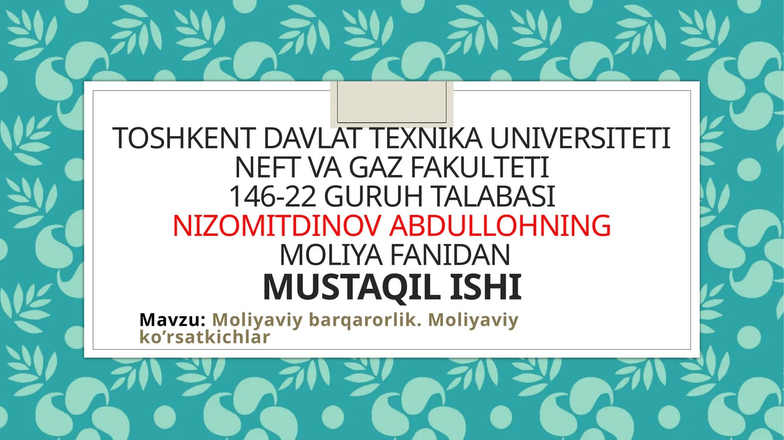 Moliyaviy barqarorlik. Moliyaviy ko’rsatkichlar