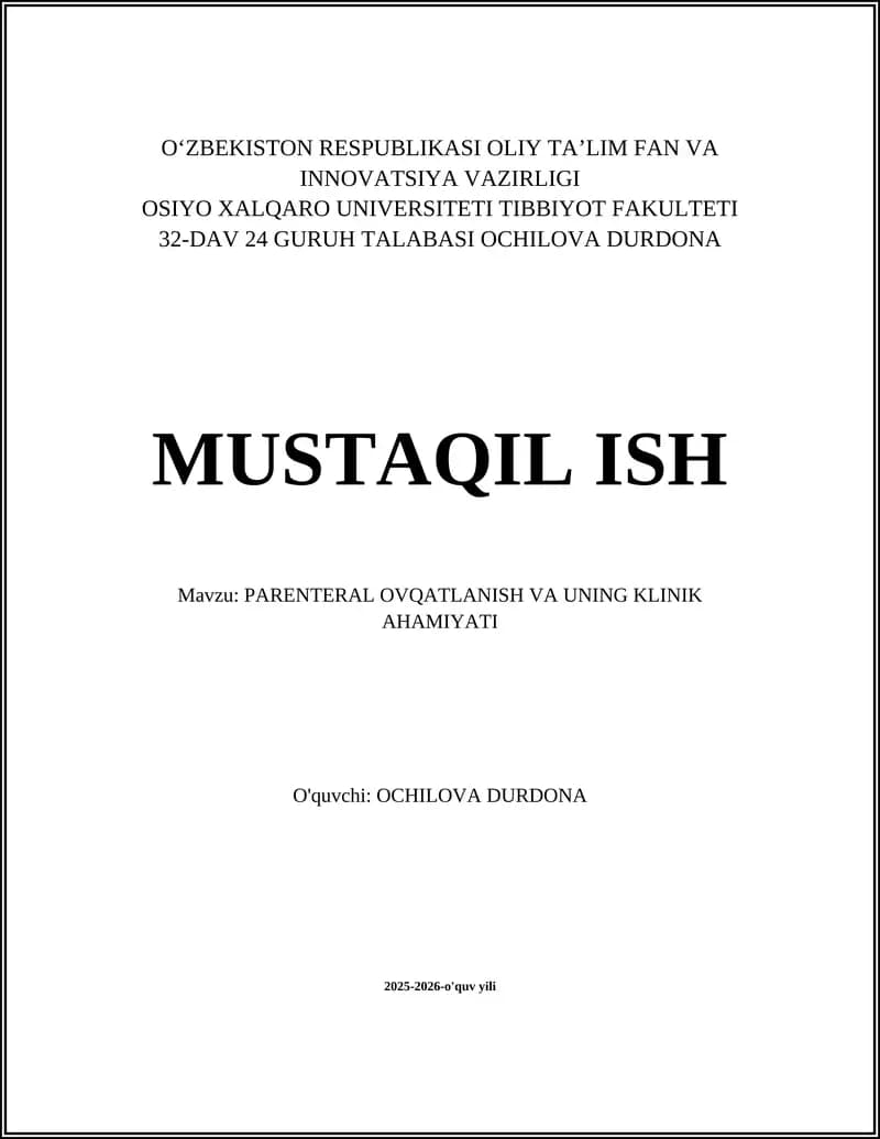 Parenteral ovqatlanish va uning klinik ahamiyati