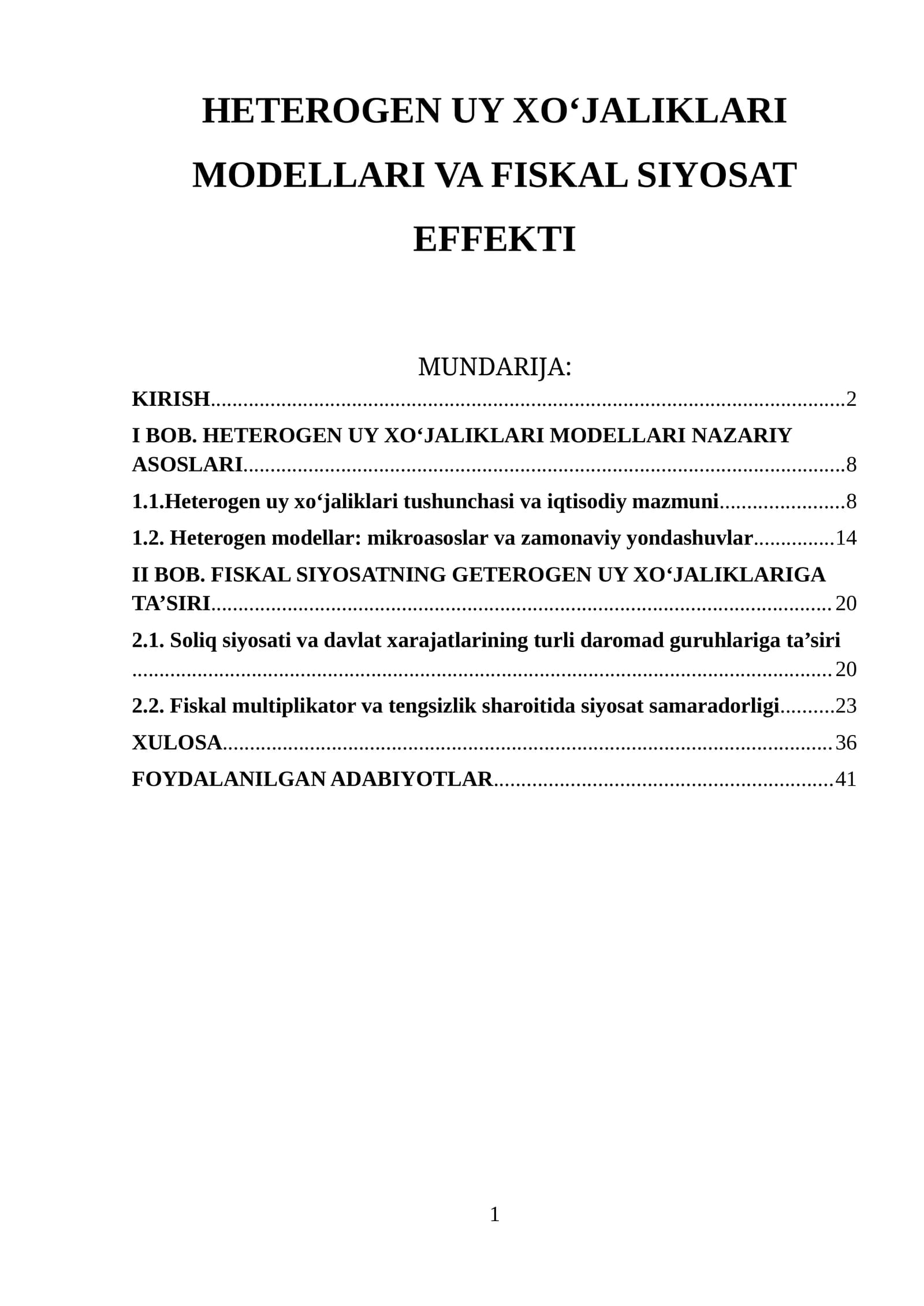 HETEROGEN UY XO‘JALIKLARI MODELLARI VA FISKAL SIYOSAT EFFEKTI