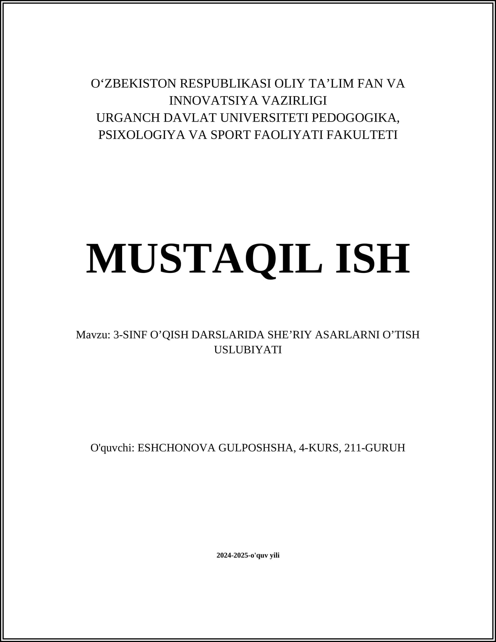 3-SINF OʼQISH DARSLARIDA SHEʼRIY ASARLARNI OʼTISH USLUBIYATI