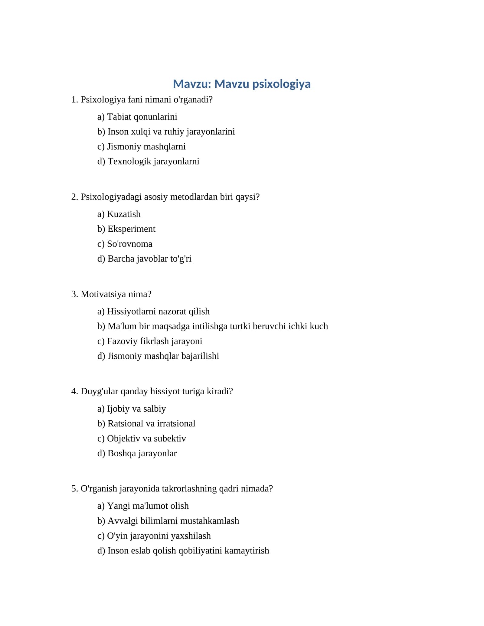 Psixologiya Test Savollari
