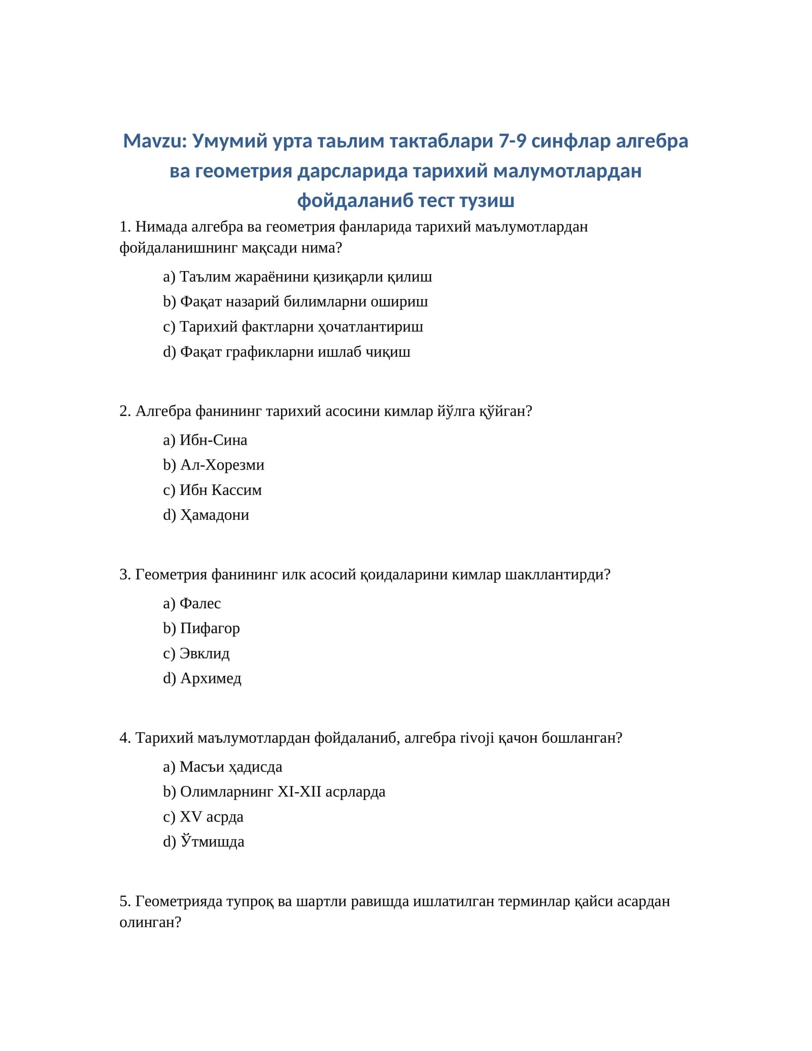 Умумий урта таьлим тактаблари 7-9 синфлар алгебра ва геометрия