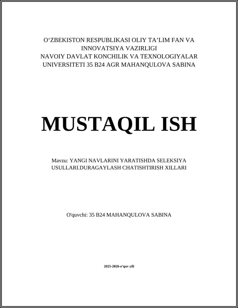 YANGI NAVLARINI YARATISHDA SELEKSIYA USULLARI