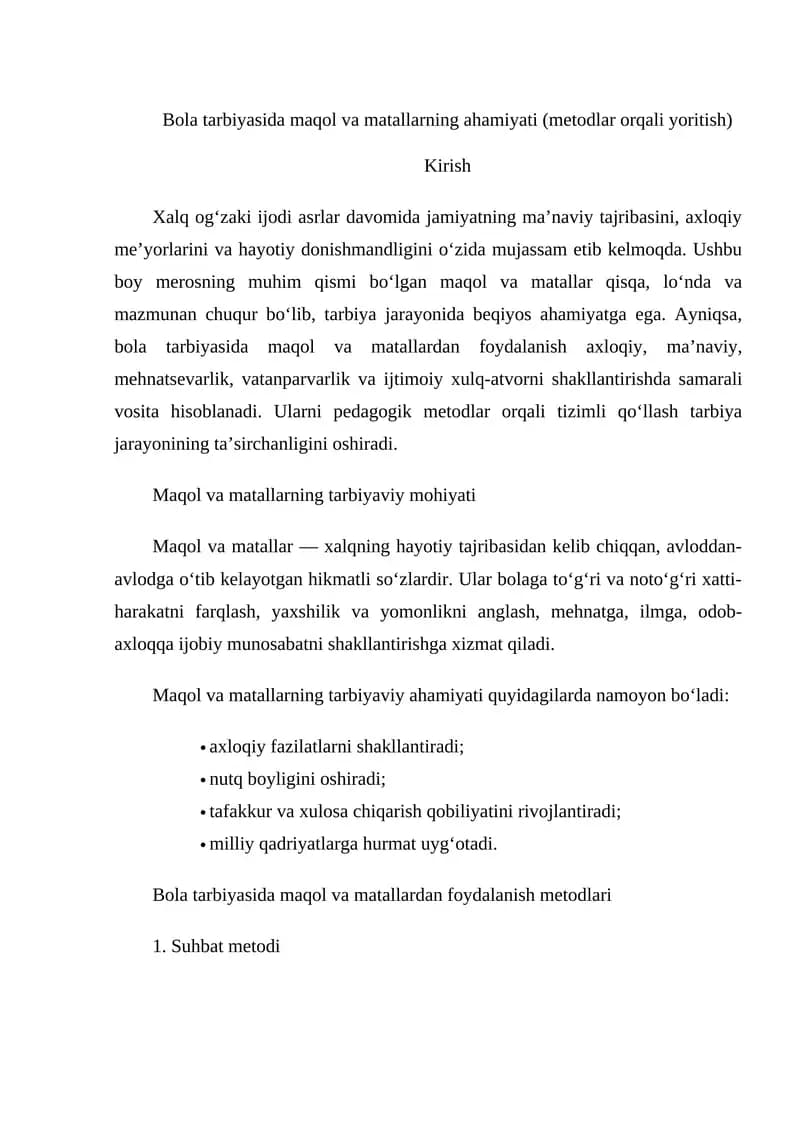 Maqol va matallarning tarbiyaviy mohiyati