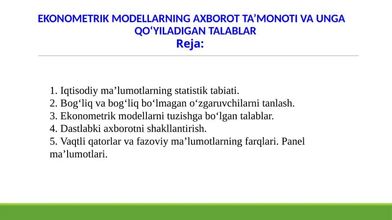 EKONOMETRIK MODELLARNING AXBOROT TA’MONI