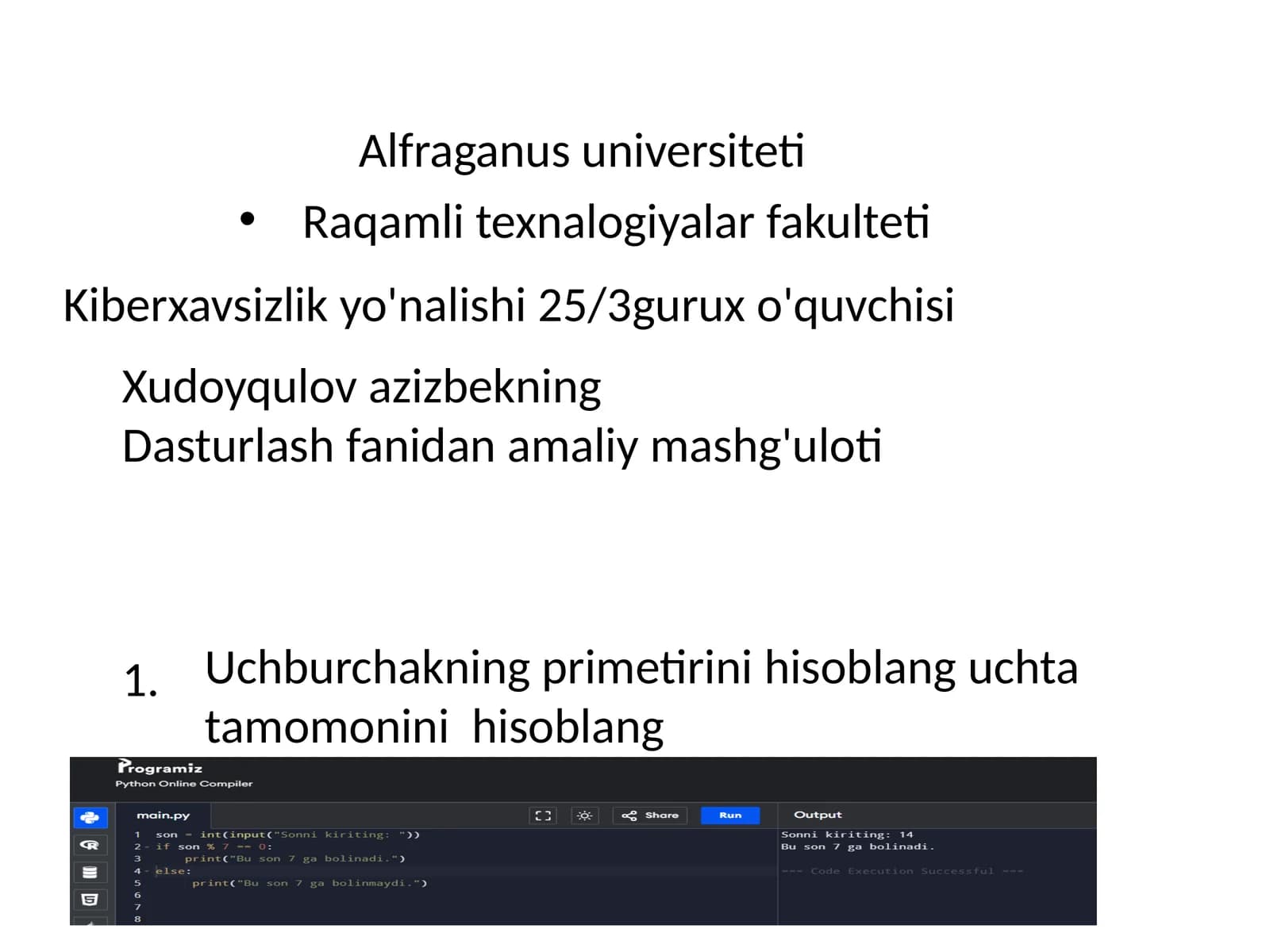 Dasturlash fanidan amaliy mashg'ulot