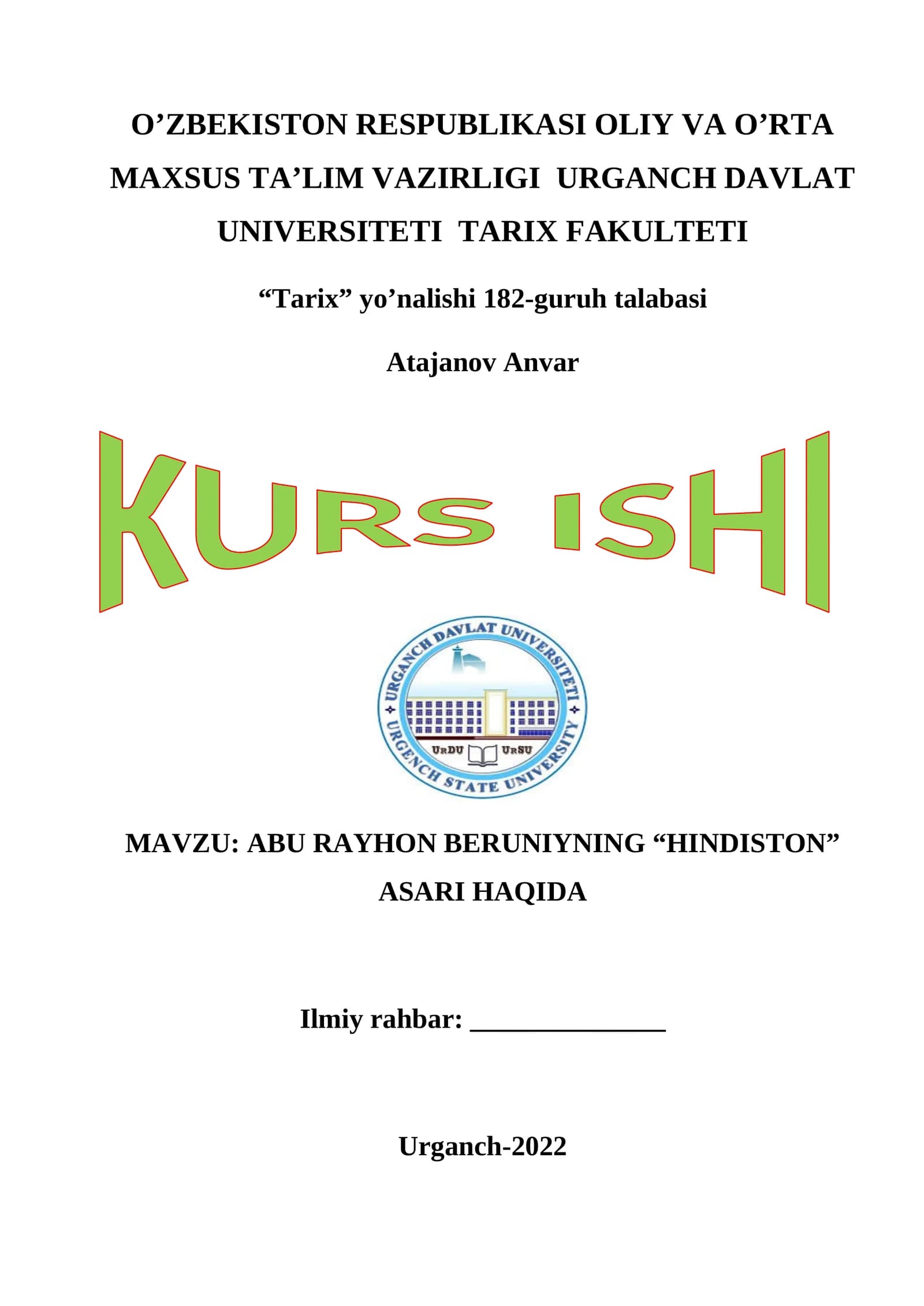 ABU RAYHON BERUNIYNING “HINDISTON” ASARI HAQIDA