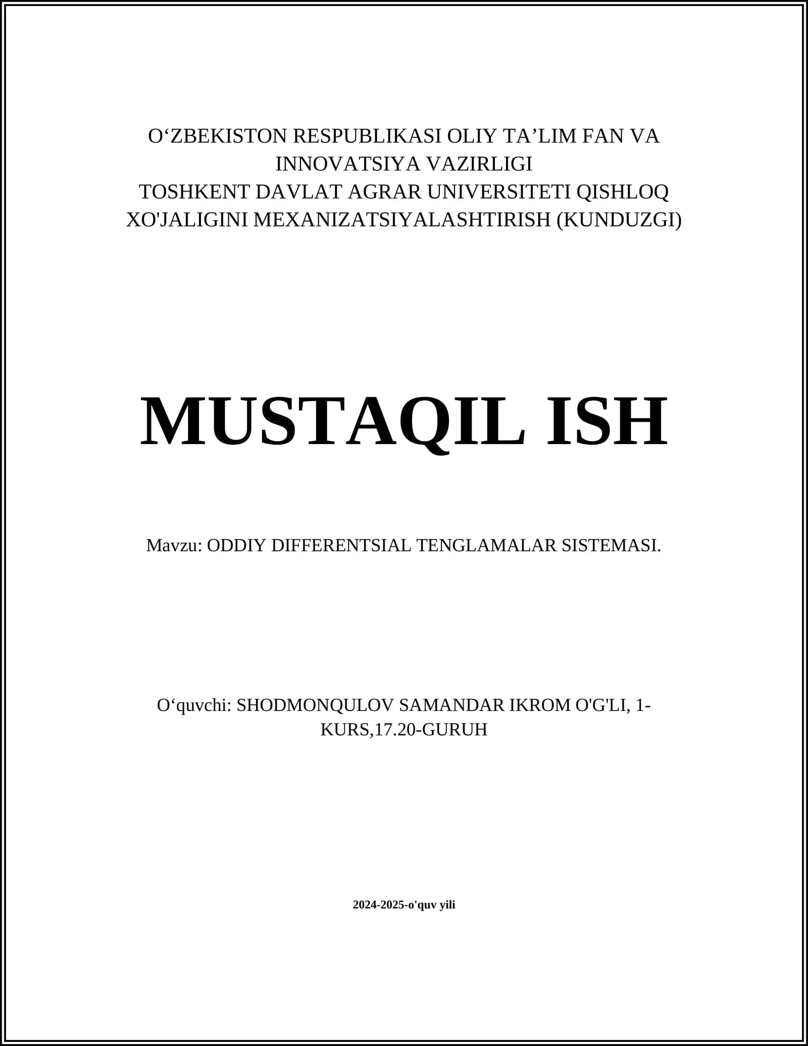 ODDIY DIFFERENTSIAL TENGLAMALAR SISTEMASI