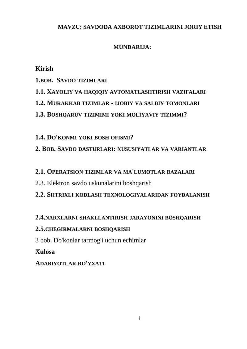 SAVDODA AXBOROT TIZIMLARINI JORIY ETISH