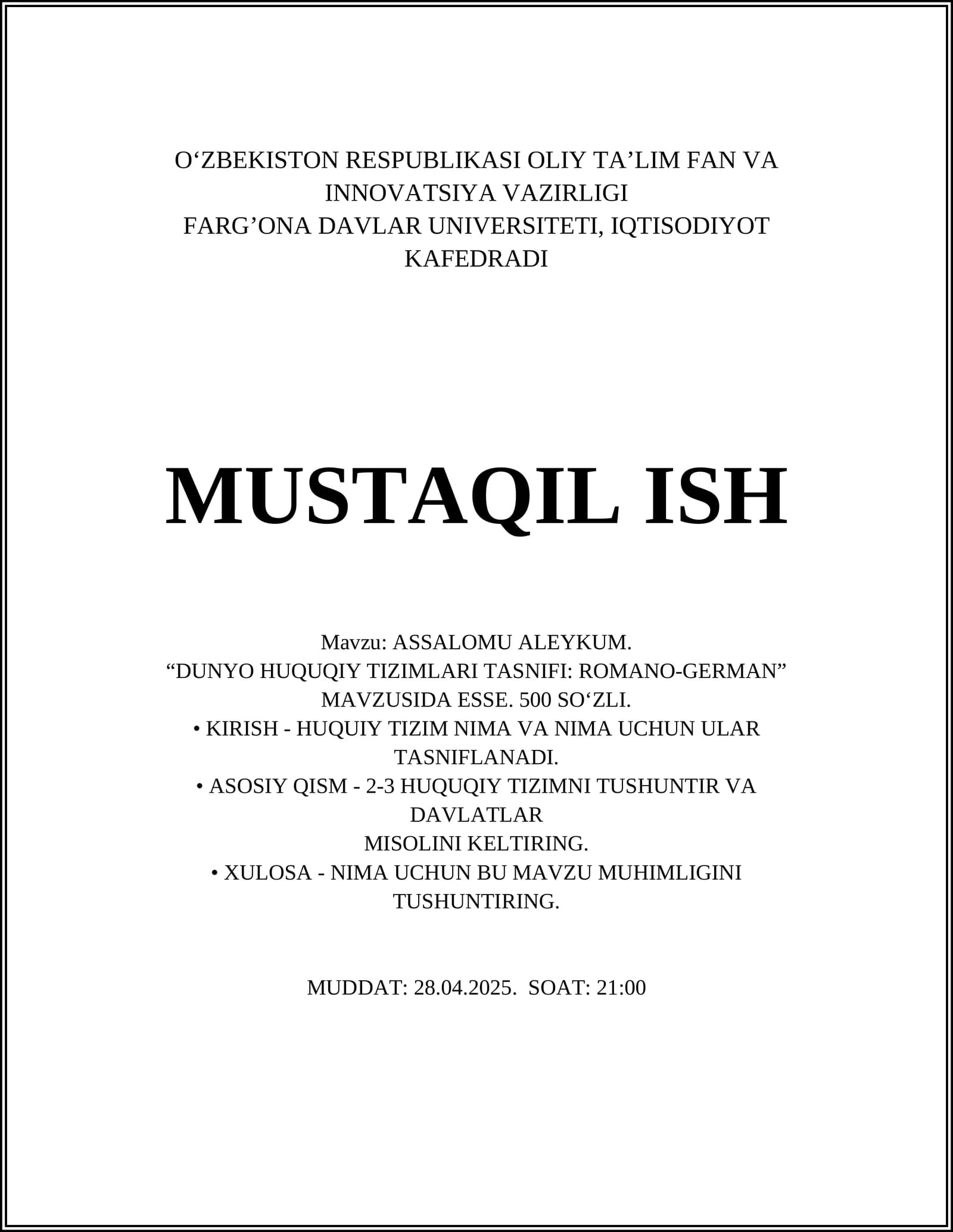 DUNYO HUQUQIY TIZIMLARI TASNIFI: ROMANO-GERMAN