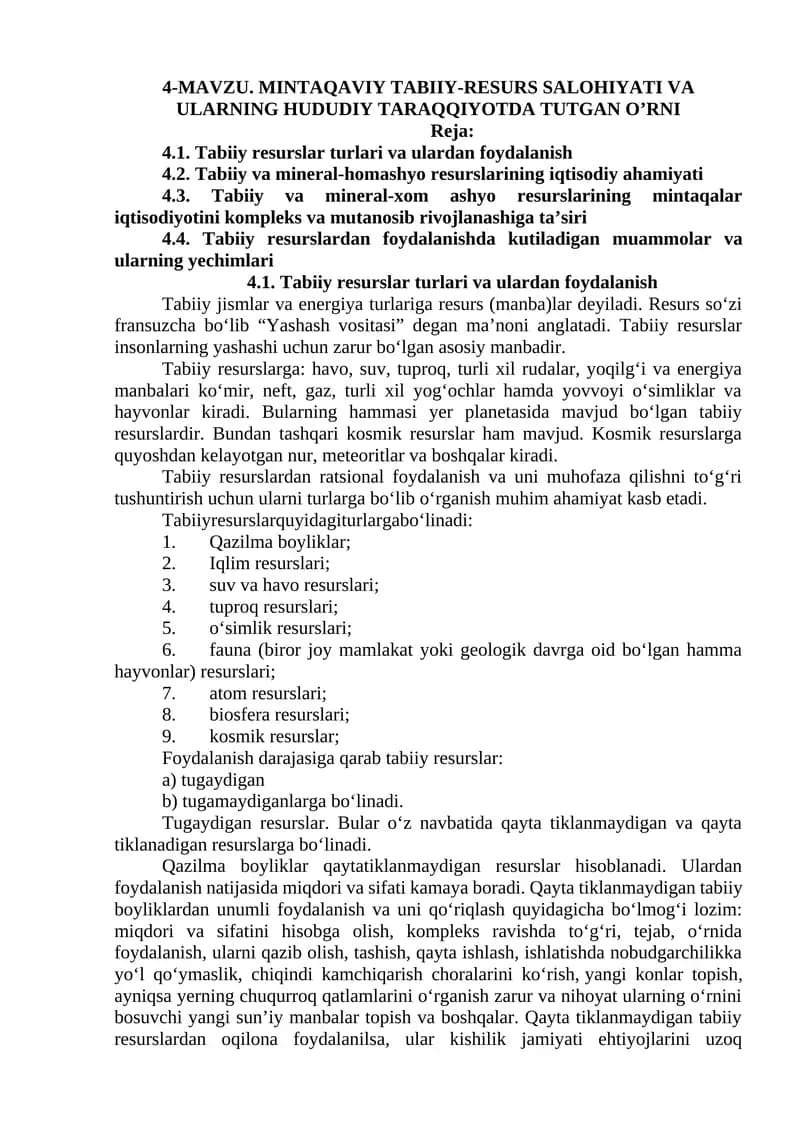 Tabiiy Resurslar Turlari