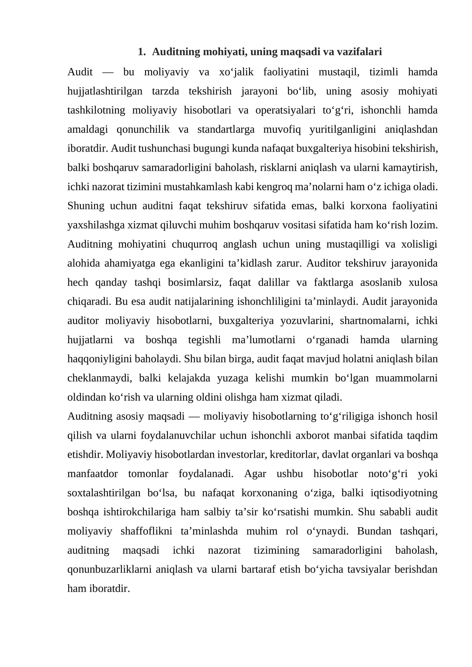 Auditning mohiyati, uning maqsadi va vazifalari