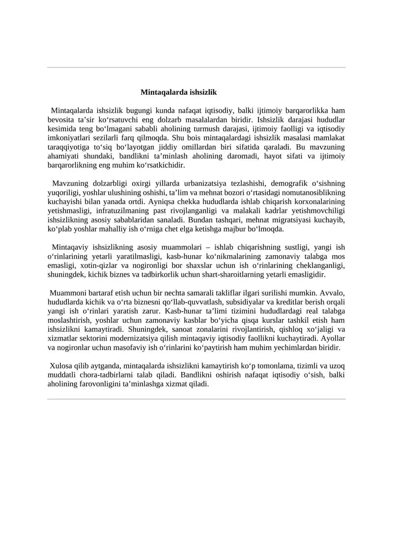 Mintaqalarda ishsizlik