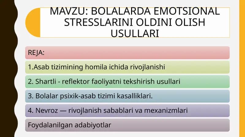 BOLALARDA EMOTSIONAL STRESSLARINI OLDINI OLISH USULLARI