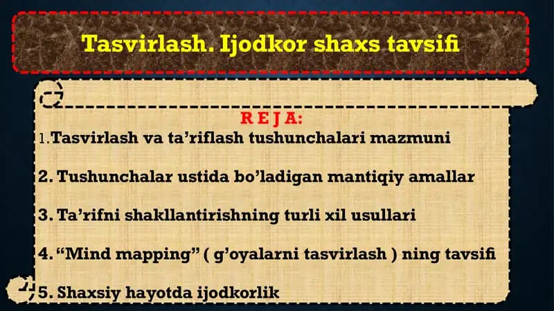 Tasvirlash. Ijodkorshaxstavsifi