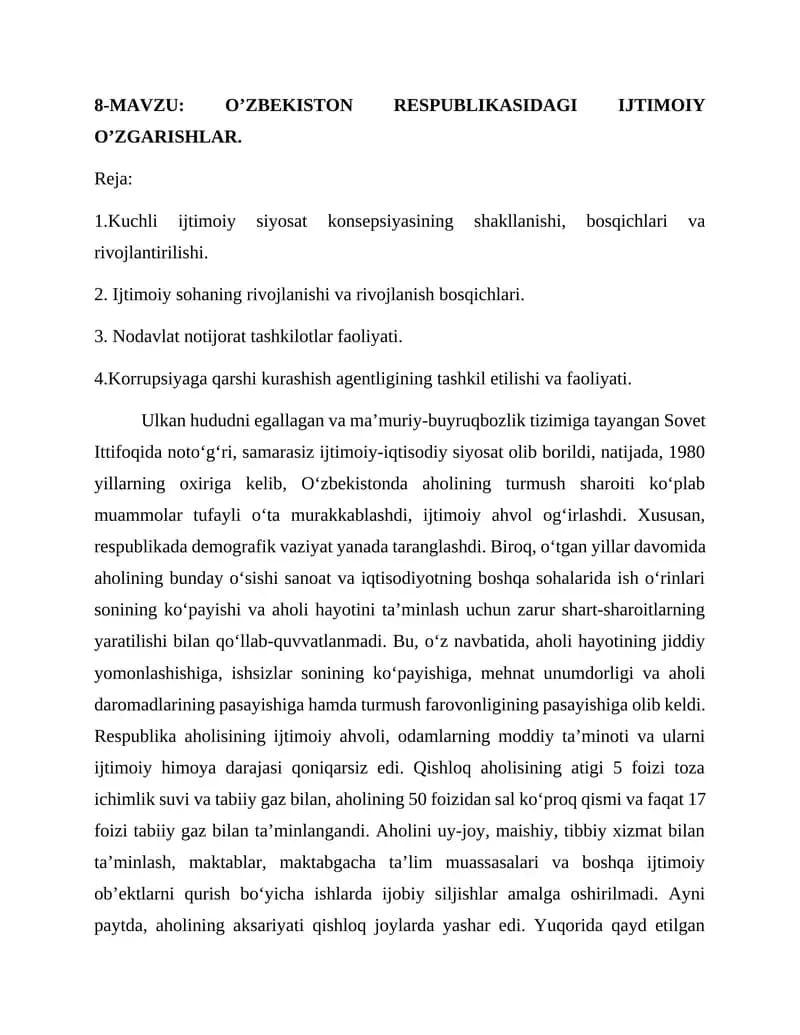 O’ZBEKISTON RESPUBLIKASIDAGI IJTIMOIY O’ZGARISHLAR