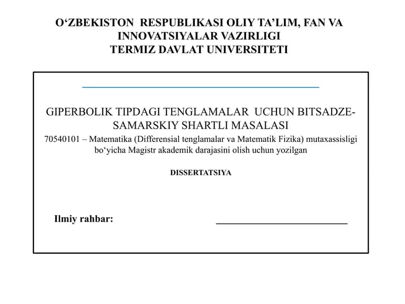GIPERBOLIK TIPDAGI TENGLAMALAR  UCHUN BITSADZE-SAMARSKIY SHARTLI MASALASI