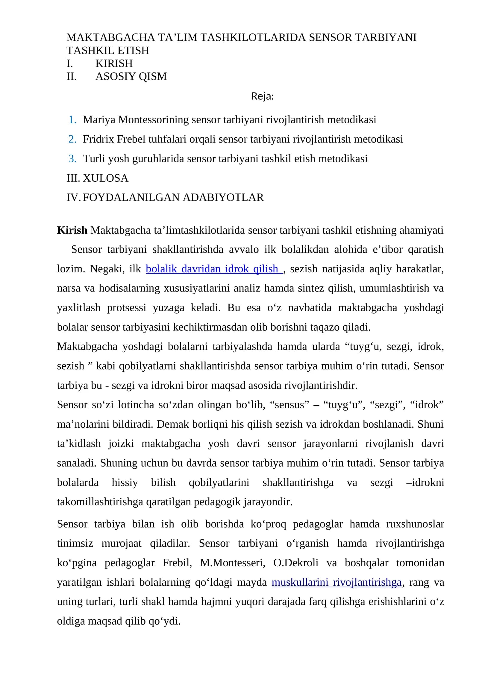 MAKTABGACHA TA’LIM TASHKILOTLARIDA SENSOR TARBIYANI TASHKIL ETISH