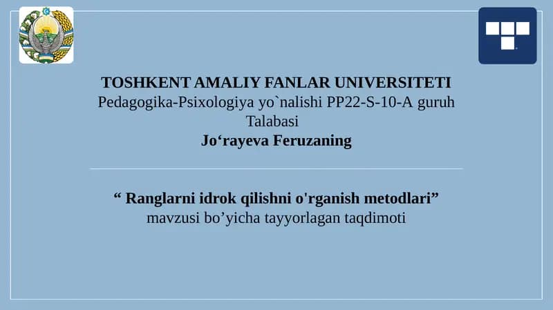 Ranglarni idrak qilishni o'rganish metodlari.