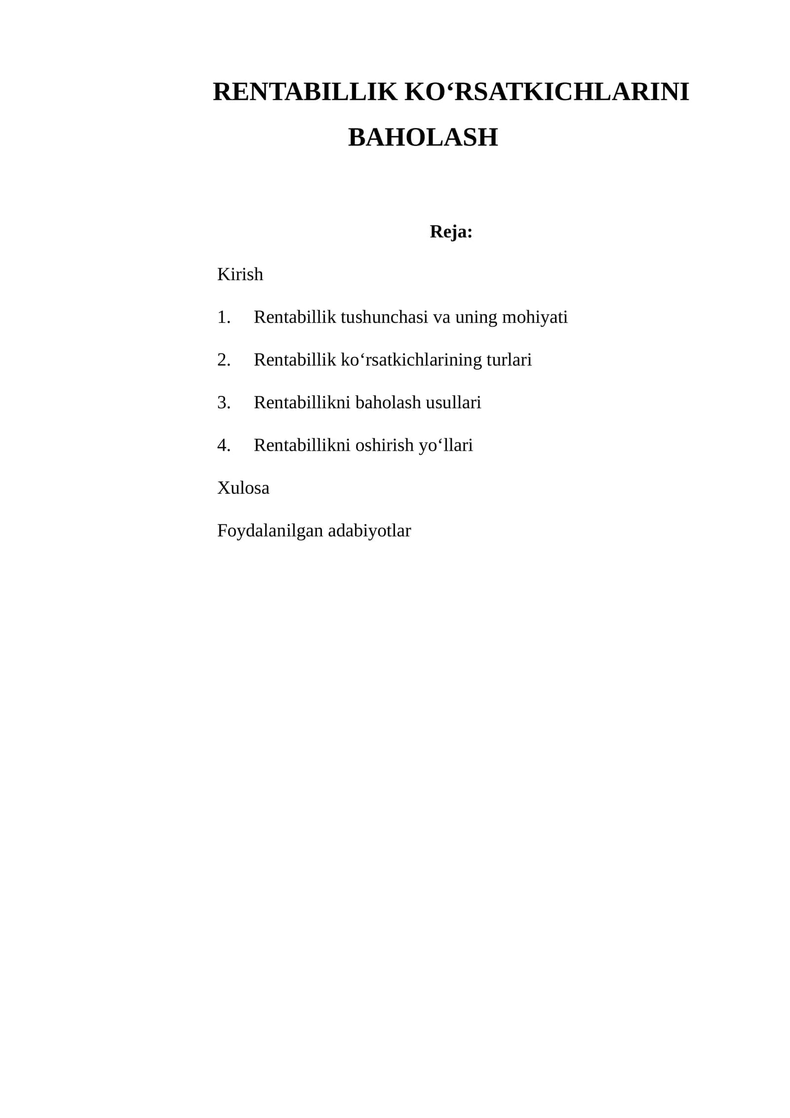 RENTABILLIK KO'RSATKICHLARINI BAHOLASH