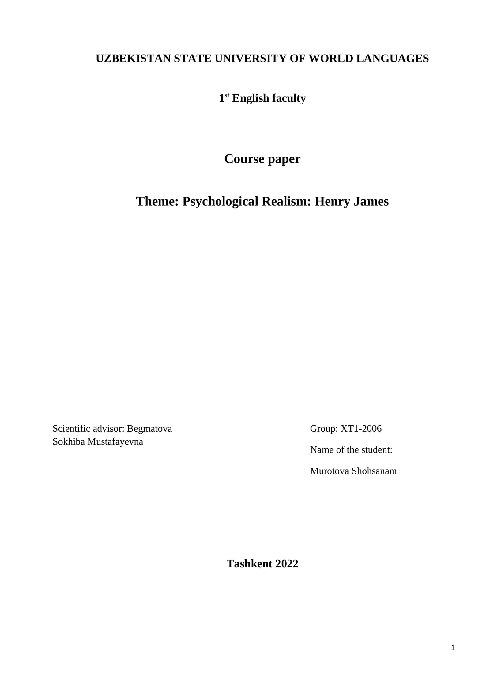 Psychological Realism: Henry James