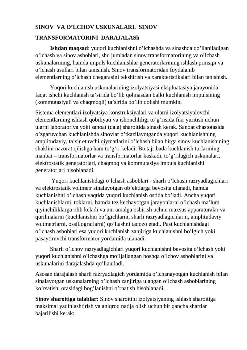 SINOV VA O’LCHOV USКUNALARI. SINOV TRANSFORMATORINI DARAJALASh
