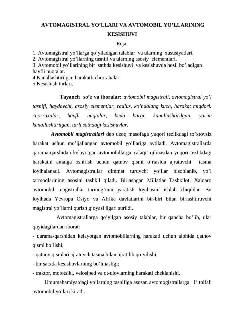 AVTOMAGISTRAL YO’LLARI VA AVTOMOBIL YO’LLARINING KESISHUVI
