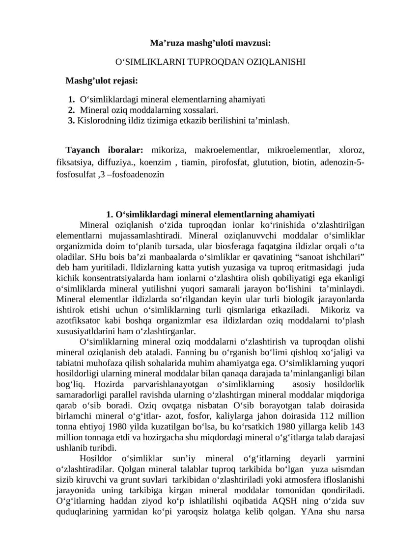 O‘SIMLIKLARNI TUPROQDAN OZIQLANISHI