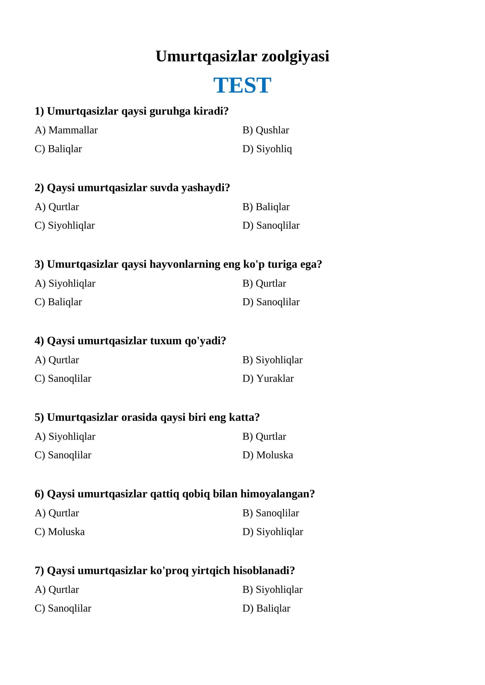 Umurtqasizlar zoolojiyasi (TEST)