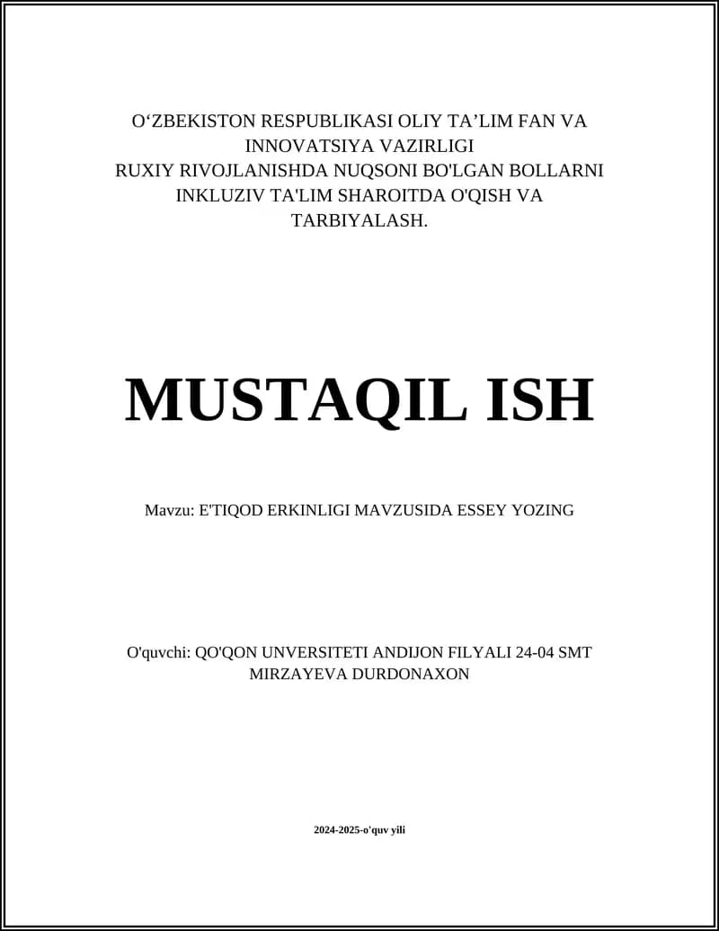 E'TIQOD ERKINLIGI MAVZUSIDA ESSEY YOZING