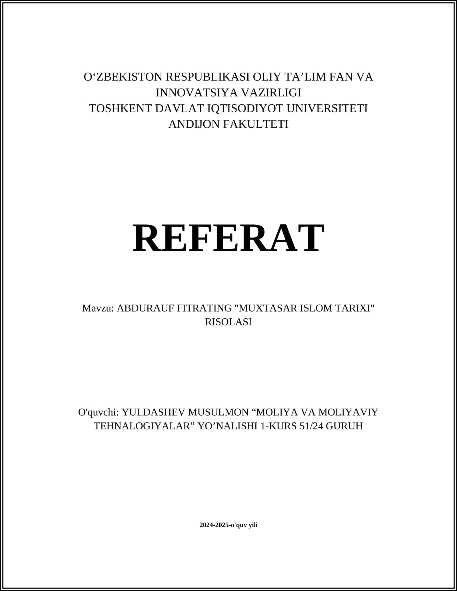 ABDURAUF FITRATING "MUXTASAR ISLOM TARIXI" RISOLASI